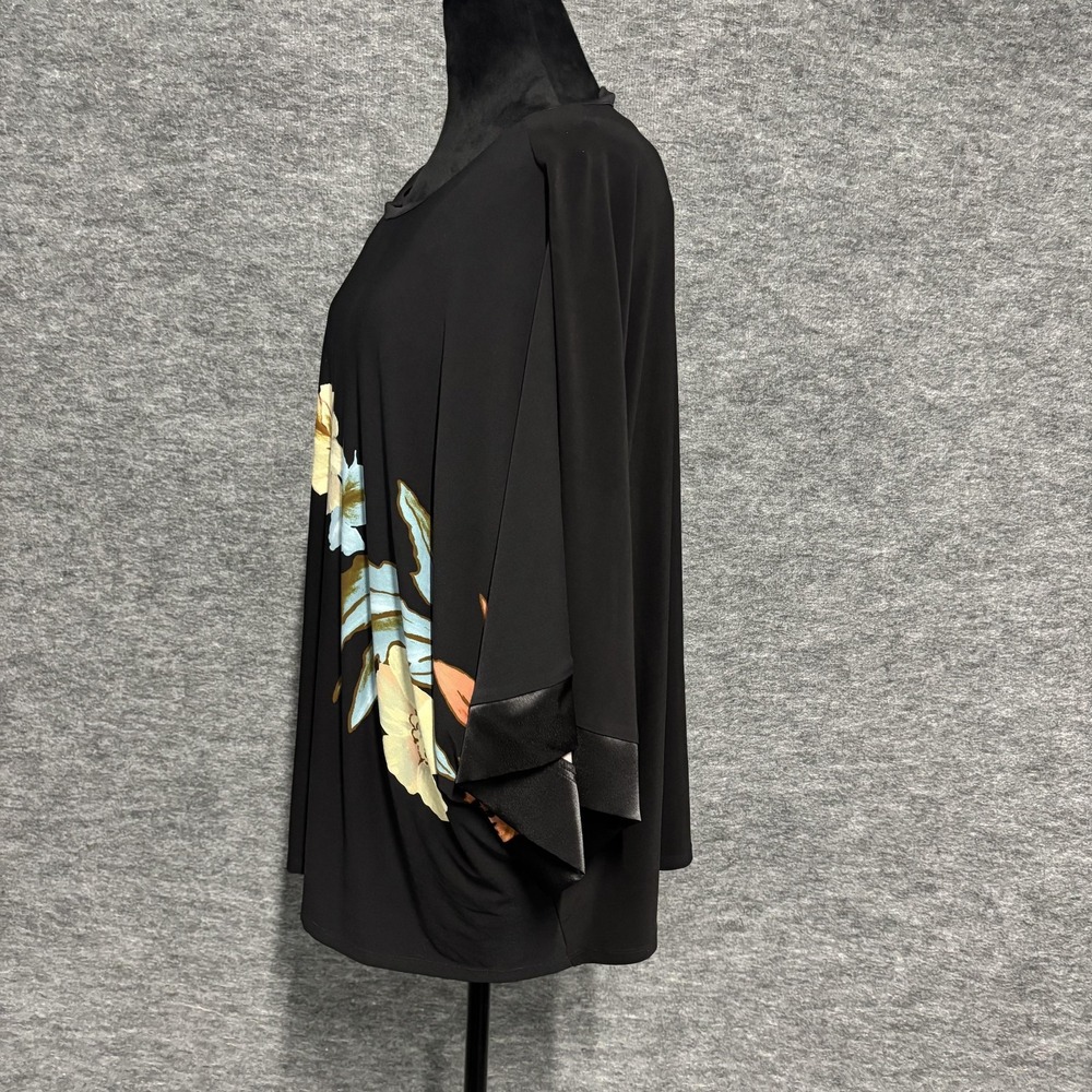 Frank Lyman Blouse Womens 14 Black Floral Kimono Sleeve Scoop Neck Tunic Top - Picture 3 of 13